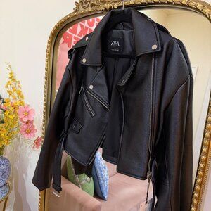 Zara Cropped Faux Leather Moto Jacket - Black - NWT - L